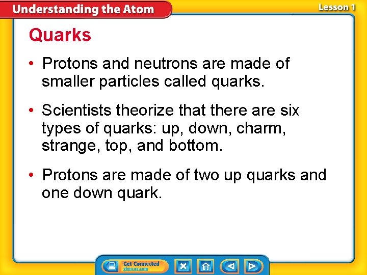 Quarks • Protons and neutrons are made of smaller particles called quarks. • Scientists