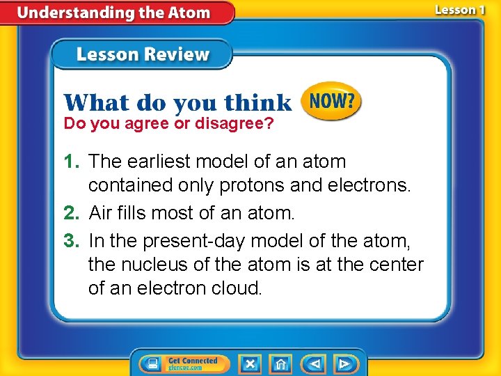 Do you agree or disagree? 1. The earliest model of an atom contained only