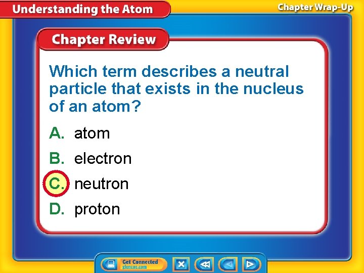 Which term describes a neutral particle that exists in the nucleus of an atom?