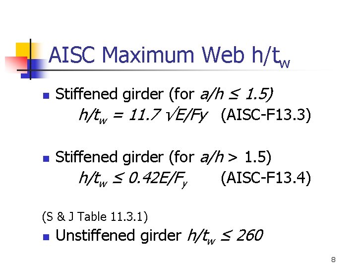 AISC Maximum Web h/tw n n Stiffened girder (for a/h ≤ 1. 5) h/tw
