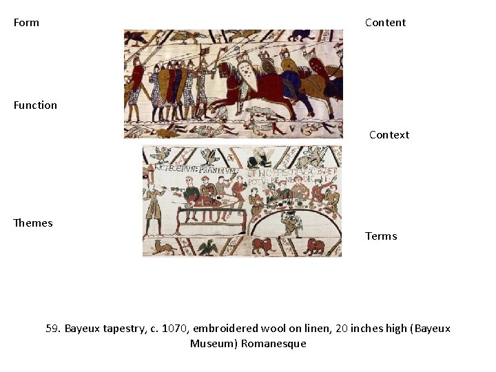 Form Content Function Context Themes Terms 59. Bayeux tapestry, c. 1070, embroidered wool on