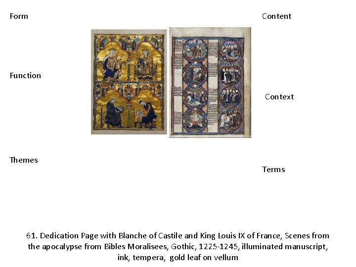 Form Content Function Context Themes Terms 61. Dedication Page with Blanche of Castile and