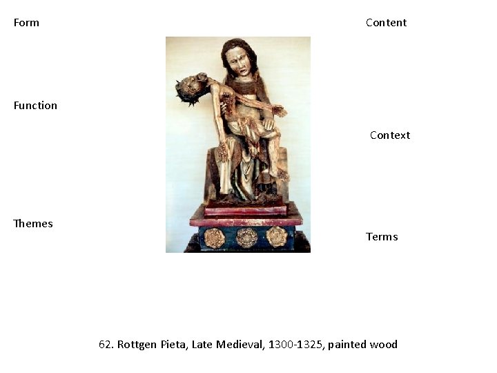Form Content Function Context Themes Terms 62. Rottgen Pieta, Late Medieval, 1300‐ 1325, painted