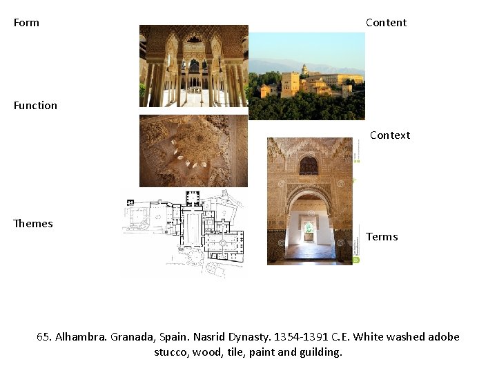 Form Content Function Context Themes Terms 65. Alhambra. Granada, Spain. Nasrid Dynasty. 1354‐ 1391