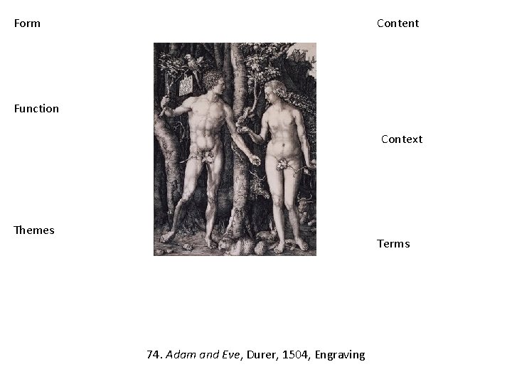 Form Content Function Context Themes Terms 74. Adam and Eve, Durer, 1504, Engraving 