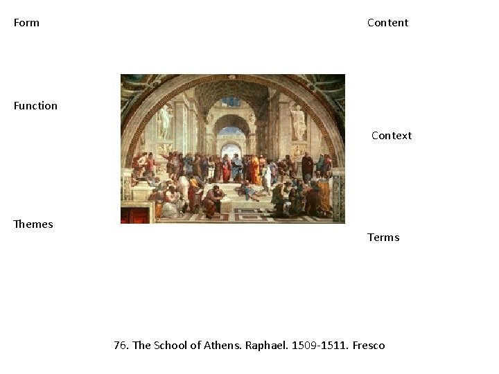 Form Content Function Context Themes Terms 76. The School of Athens. Raphael. 1509‐ 1511.