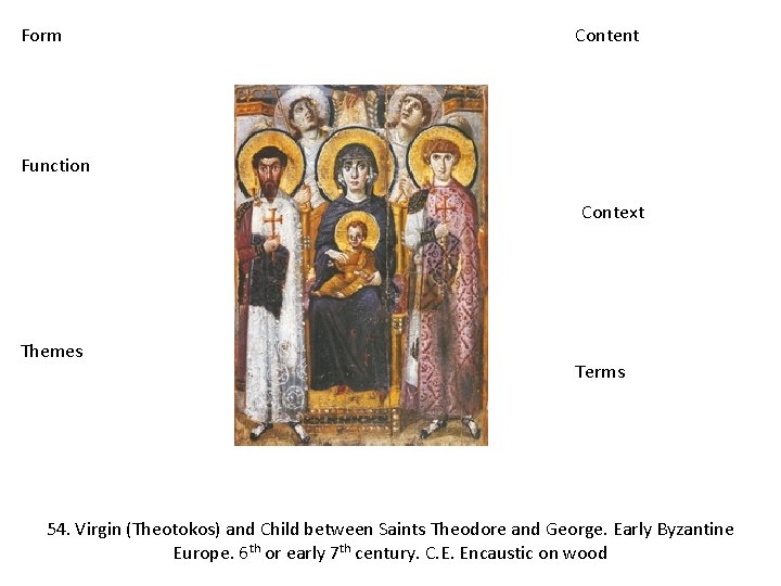 Form Content Function Context Themes Terms 54. Virgin (Theotokos) and Child between Saints Theodore