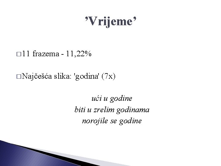 ’Vrijeme’ � 11 frazema - 11, 22% � Najčešća slika: 'godina' (7 x) ući