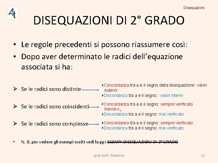 Disequazioni DISEQUAZIONI DI 2° GRADO • Le regole precedenti si possono riassumere così: •