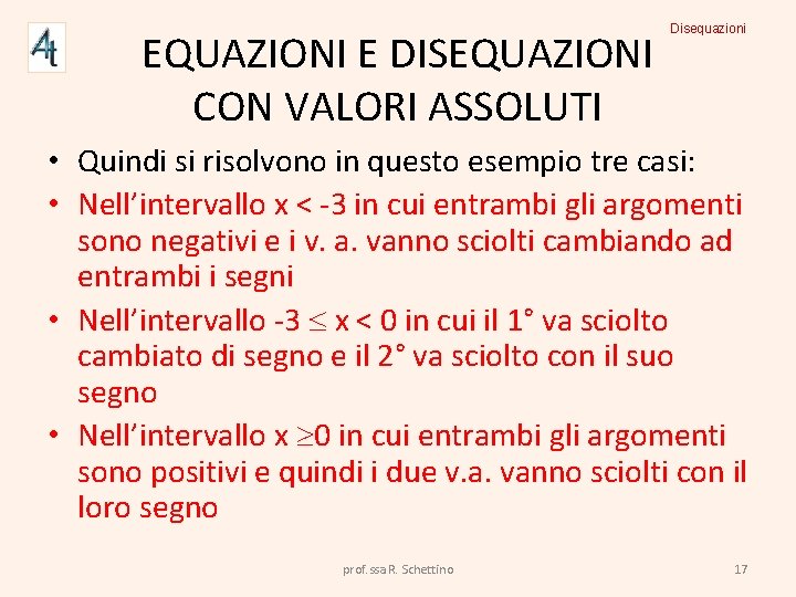 EQUAZIONI E DISEQUAZIONI CON VALORI ASSOLUTI Disequazioni • Quindi si risolvono in questo esempio