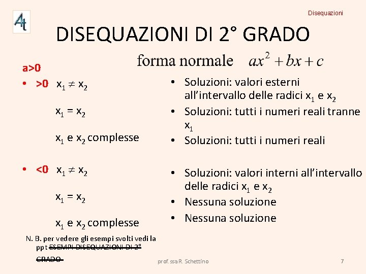 Disequazioni DISEQUAZIONI DI 2° GRADO a>0 • >0 x 1 x 2 x 1