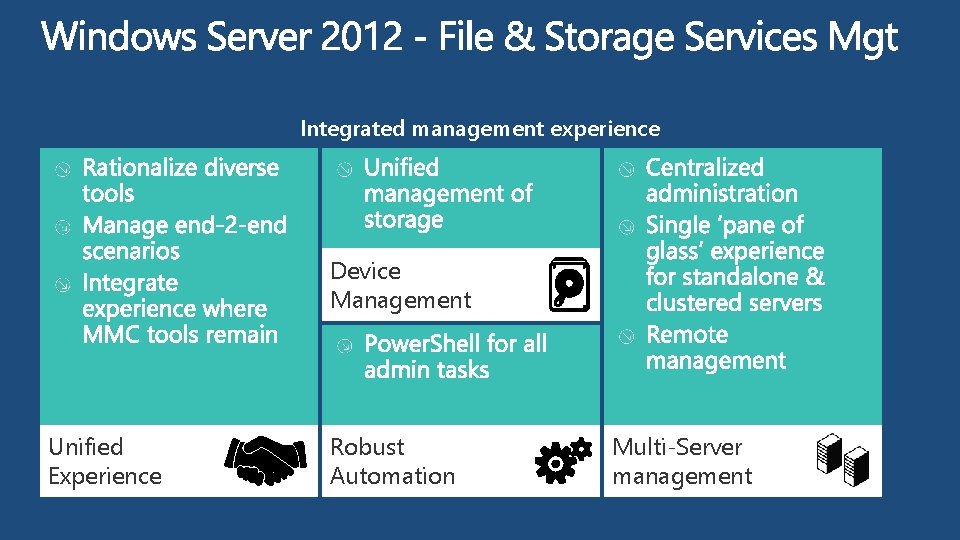 Integrated management experience Device Management Unified Experience Robust Automation Multi-Server management 
