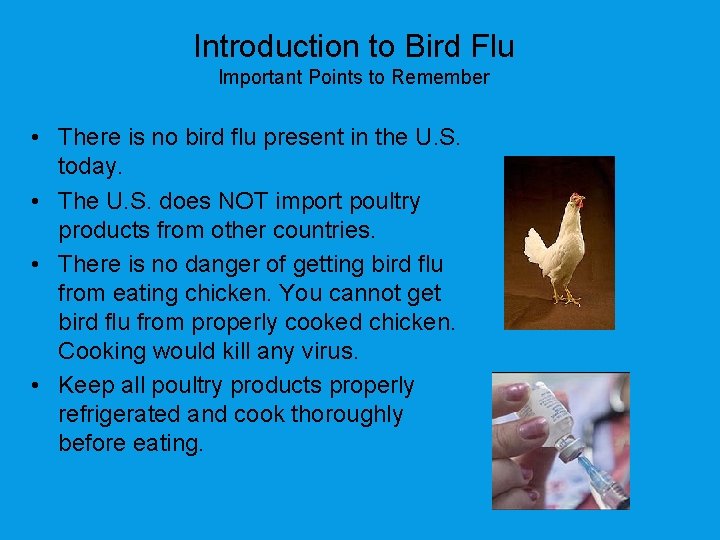 Introduction to Bird Flu Important Points to Remember • There is no bird flu
