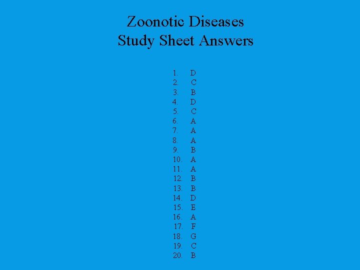 Zoonotic Diseases Study Sheet Answers 1. 2. 3. 4. 5. 6. 7. 8. 9.
