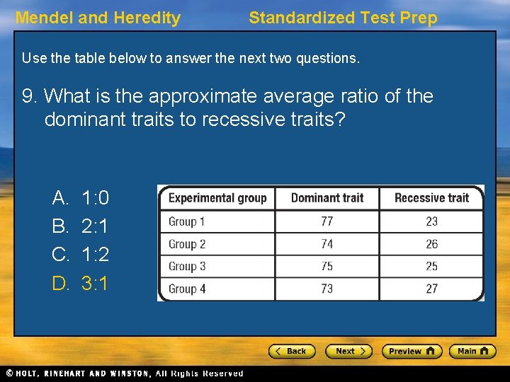 Mendel and Heredity Standardized Test Prep Use the table below to answer the next