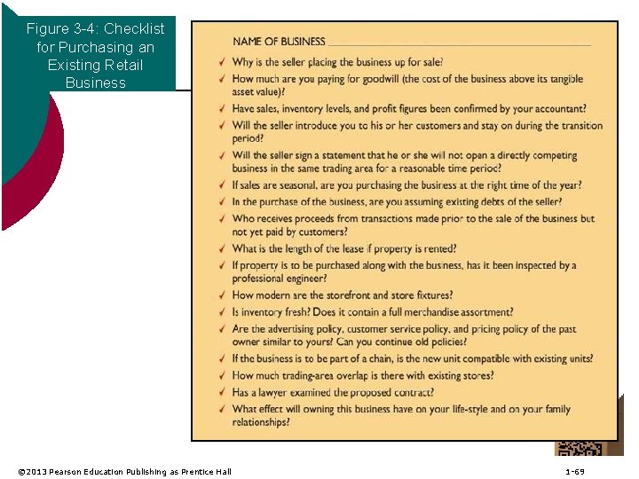 Figure 3 -4: Checklist for Purchasing an Existing Retail Business © 2013 Pearson Education