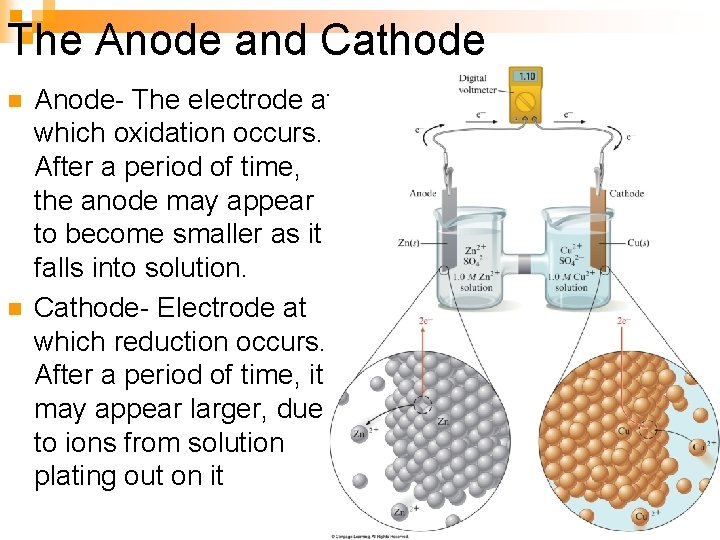 The Anode and Cathode n n Anode- The electrode at which oxidation occurs. After