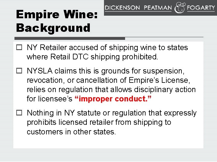 Empire Wine: Background o NY Retailer accused of shipping wine to states where Retail