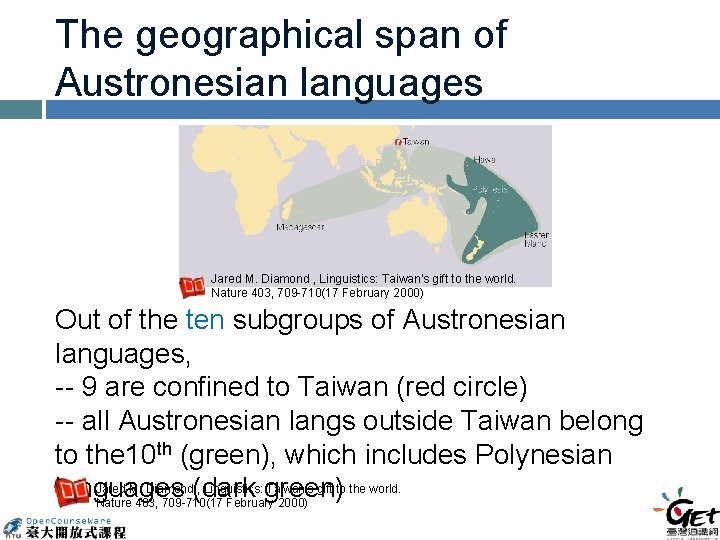 The geographical span of Austronesian languages Jared M. Diamond , Linguistics: Taiwan's gift to