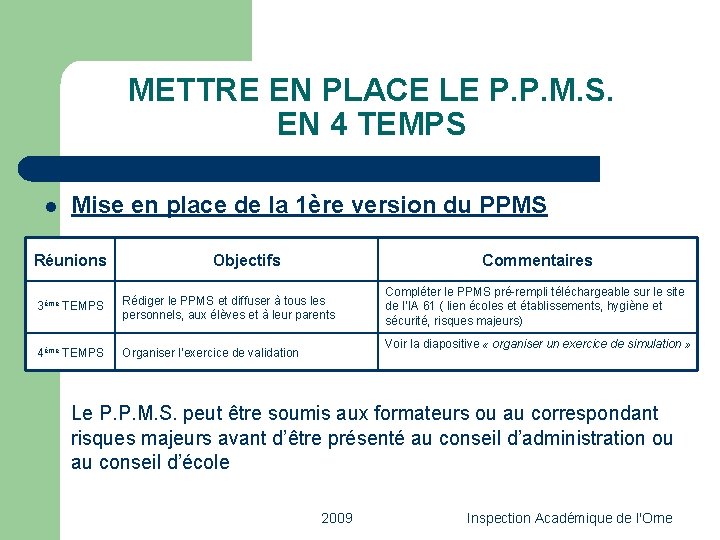 METTRE EN PLACE LE P. P. M. S. EN 4 TEMPS l Mise en