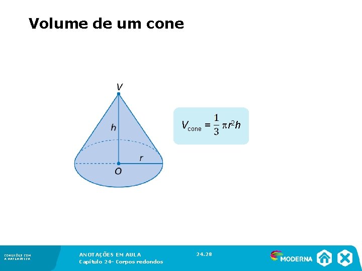 Volume de um cone Vcone = CONEXÕES COM A MATEMÁTICA ANOTAÇÕES EM AULA Volume de um cone Vcone = CONEXÕES COM A MATEMÁTICA ANOTAÇÕES EM AULA