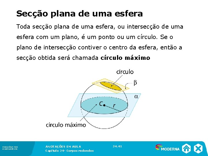 Secção plana de uma esfera Toda secção plana de uma esfera, ou intersecção Secção plana de uma esfera Toda secção plana de uma esfera, ou intersecção