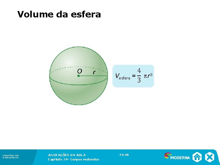 Volume da esfera Vesfera = CONEXÕES COM A MATEMÁTICA ANOTAÇÕES EM AULA 1––Conjuntos Volume da esfera Vesfera = CONEXÕES COM A MATEMÁTICA ANOTAÇÕES EM AULA 1––Conjuntos