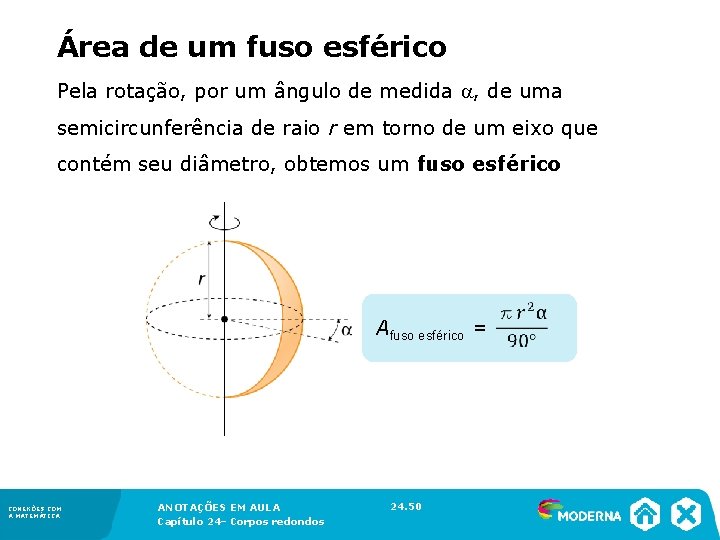 Área de um fuso esférico Pela rotação, por um ângulo de medida , Área de um fuso esférico Pela rotação, por um ângulo de medida ,