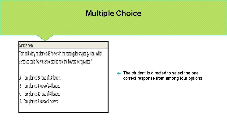 Multiple Choice The student is directed to select the one correct response from among