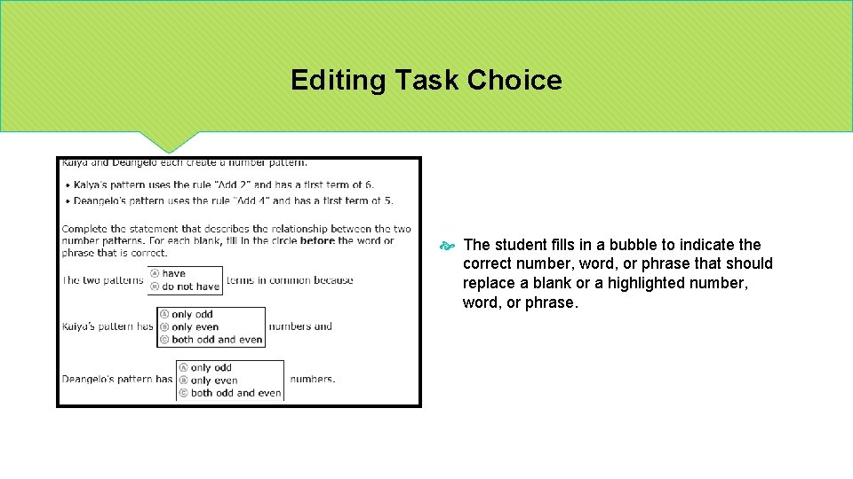 Editing Task Choice The student fills in a bubble to indicate the correct number,