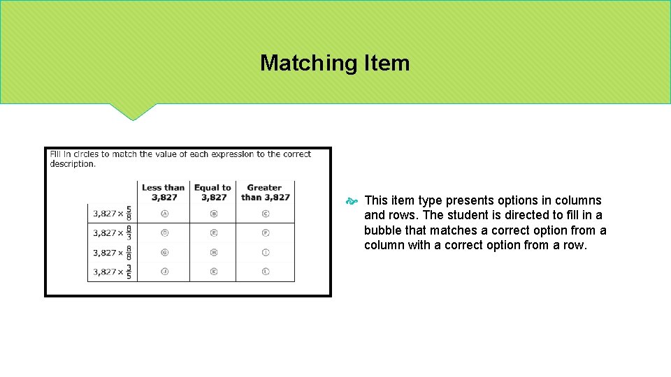 Matching Item This item type presents options in columns and rows. The student is