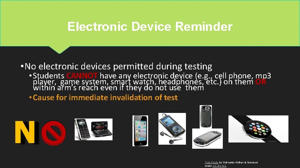 Electronic Device Reminder • No electronic devices permitted during testing • Students CANNOT have