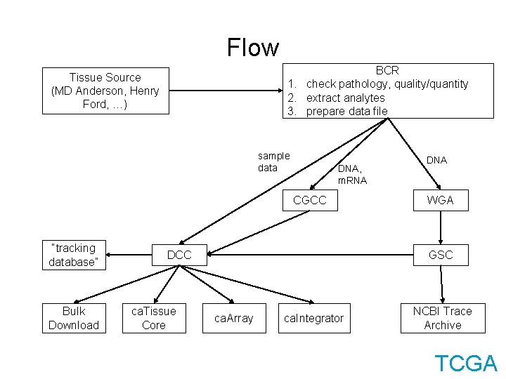 Flow BCR 1. check pathology, quality/quantity 2. extract analytes 3. prepare data file Tissue