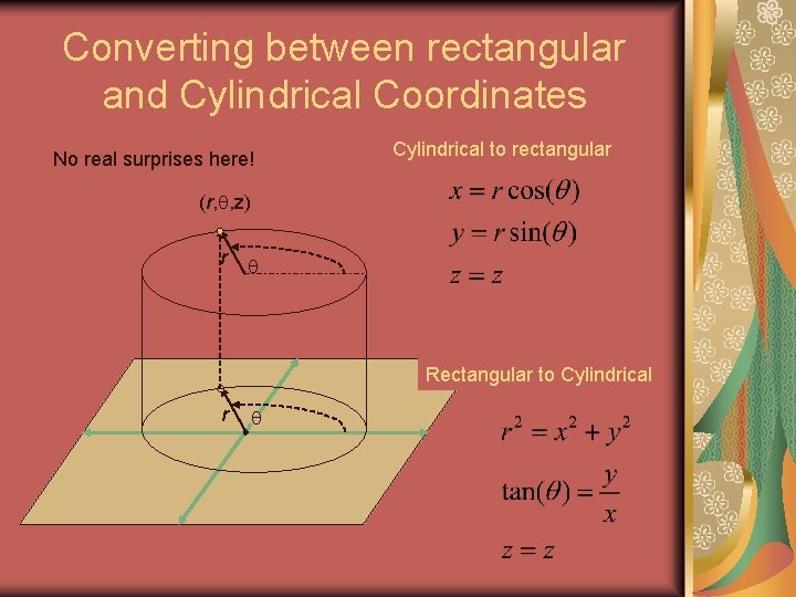 Converting between rectangular and Cylindrical Coordinates No real surprises here! Cylindrical to rectangular (r,