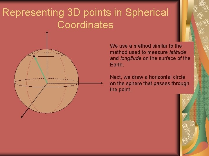 Representing 3 D points in Spherical Coordinates We use a method similar to the