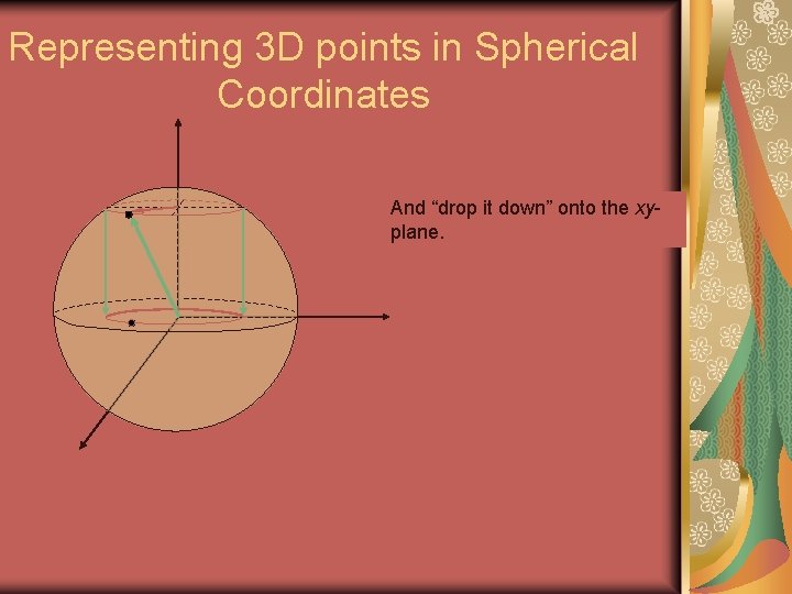 Representing 3 D points in Spherical Coordinates And “drop it down” onto the xyplane.