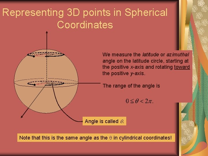 Representing 3 D points in Spherical Coordinates We measure the latitude or azimuthal angle