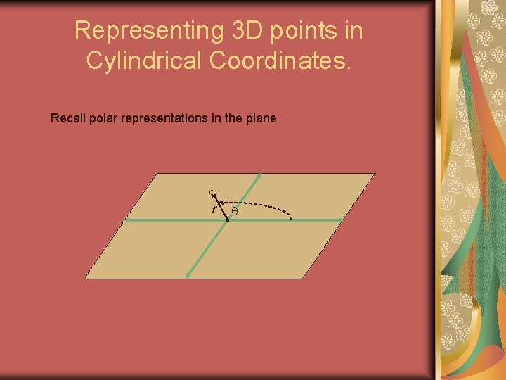 Representing 3 D points in Cylindrical Coordinates. Recall polar representations in the plane r