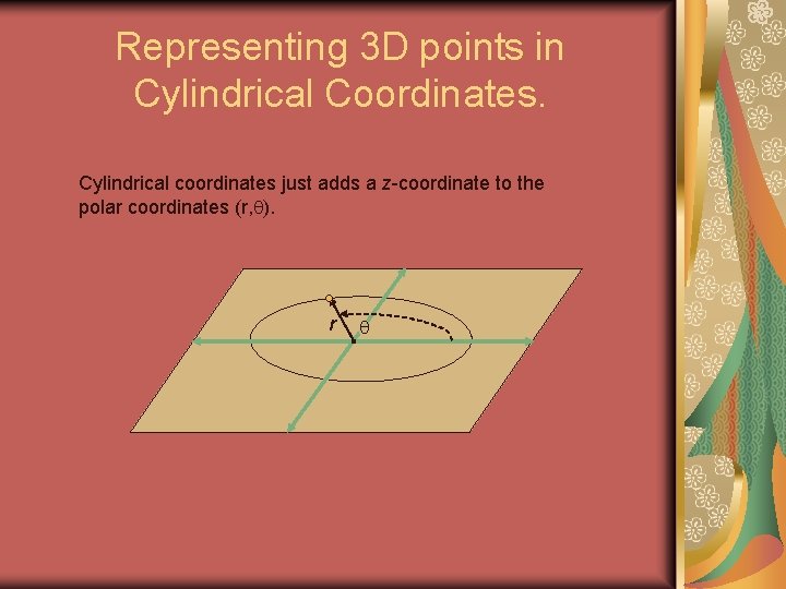 Representing 3 D points in Cylindrical Coordinates. Cylindrical coordinates just adds a z-coordinate to