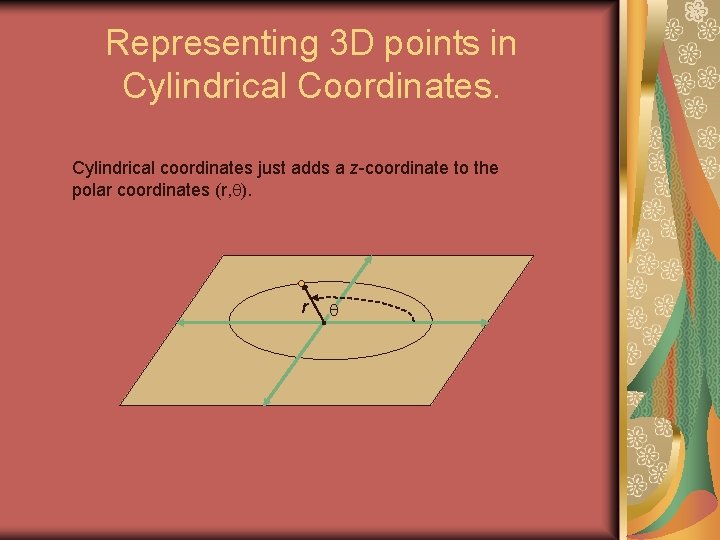 Representing 3 D points in Cylindrical Coordinates. Cylindrical coordinates just adds a z-coordinate to