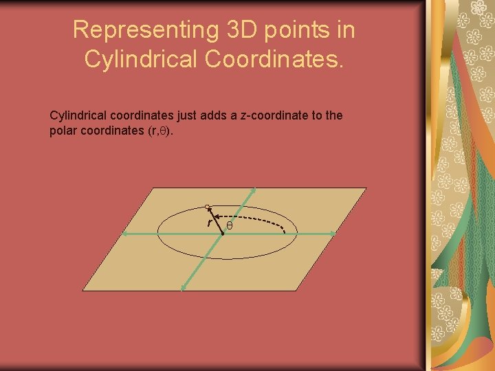 Representing 3 D points in Cylindrical Coordinates. Cylindrical coordinates just adds a z-coordinate to