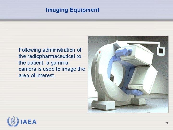 Imaging Equipment Following administration of the radiopharmaceutical to the patient, a gamma camera is