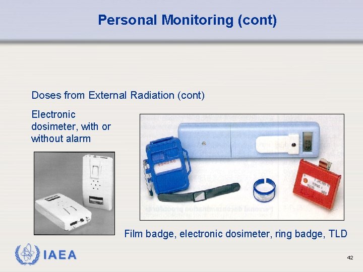Personal Monitoring (cont) Doses from External Radiation (cont) Electronic dosimeter, with or without alarm