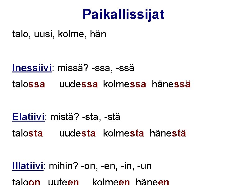 Paikallissijat talo, uusi, kolme, hän Inessiivi: missä? -ssa, -ssä talossa uudessa kolmessa hänessä Elatiivi: