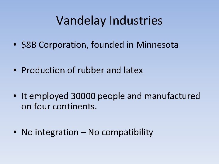 Vandelay Industries • $8 B Corporation, founded in Minnesota • Production of rubber and