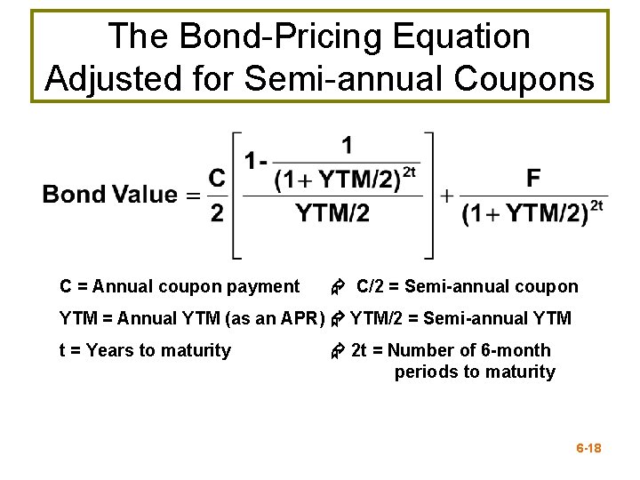 The Bond-Pricing Equation Adjusted for Semi-annual Coupons C = Annual coupon payment C/2 =