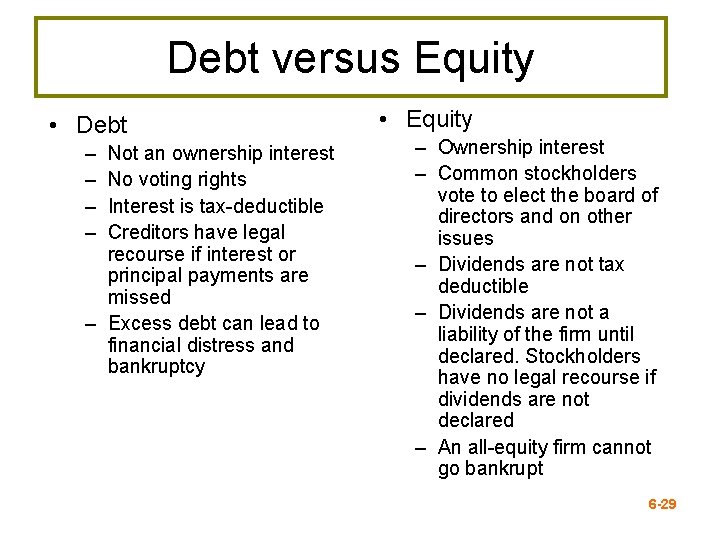Debt versus Equity • Debt – – Not an ownership interest No voting rights