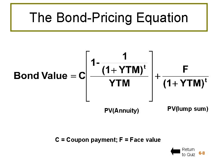 The Bond-Pricing Equation PV(Annuity) PV(lump sum) C = Coupon payment; F = Face value