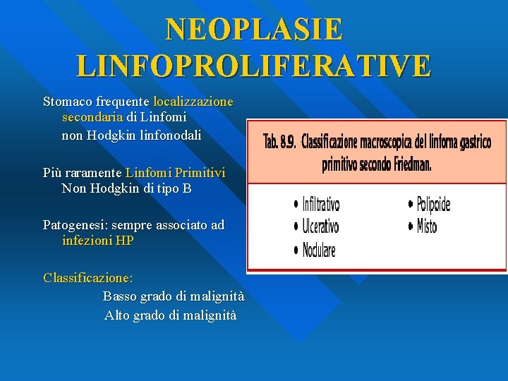 NEOPLASIE LINFOPROLIFERATIVE Stomaco frequente localizzazione secondaria di Linfomi non Hodgkin linfonodali Più raramente Linfomi