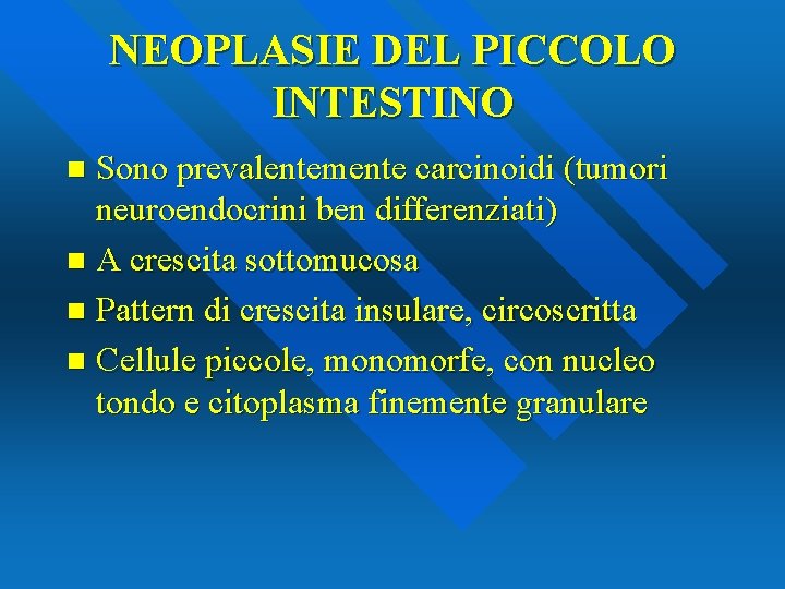 NEOPLASIE DEL PICCOLO INTESTINO Sono prevalentemente carcinoidi (tumori neuroendocrini ben differenziati) n A crescita